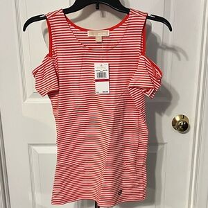 NWT Michael Kors Red Striped Cold Shoulder Top